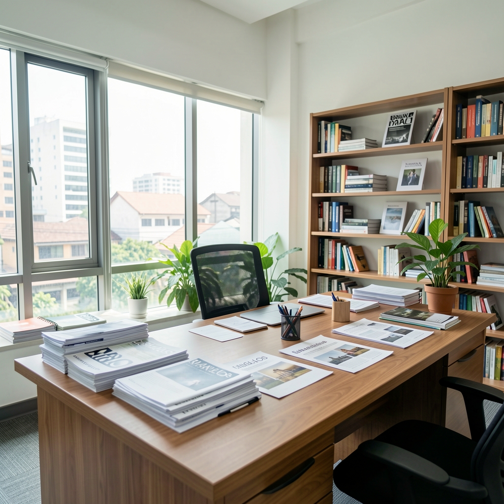 Editorial workspace showing a flat-lay of wellness research notes, a printed journal, a pen, and a glass of water on a light wooden desk surface in natural daylight