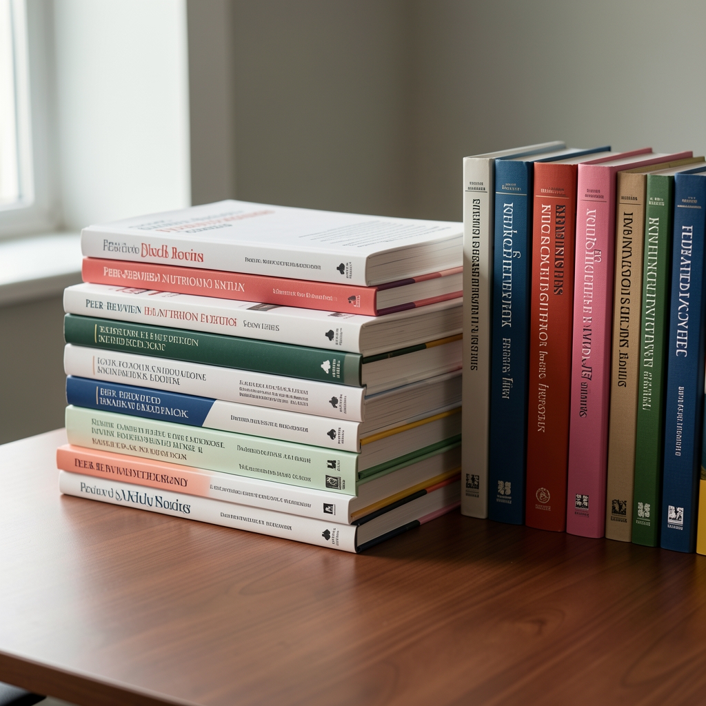 Stacks of peer-reviewed nutrition journals and reference books on a desk in controlled lighting
