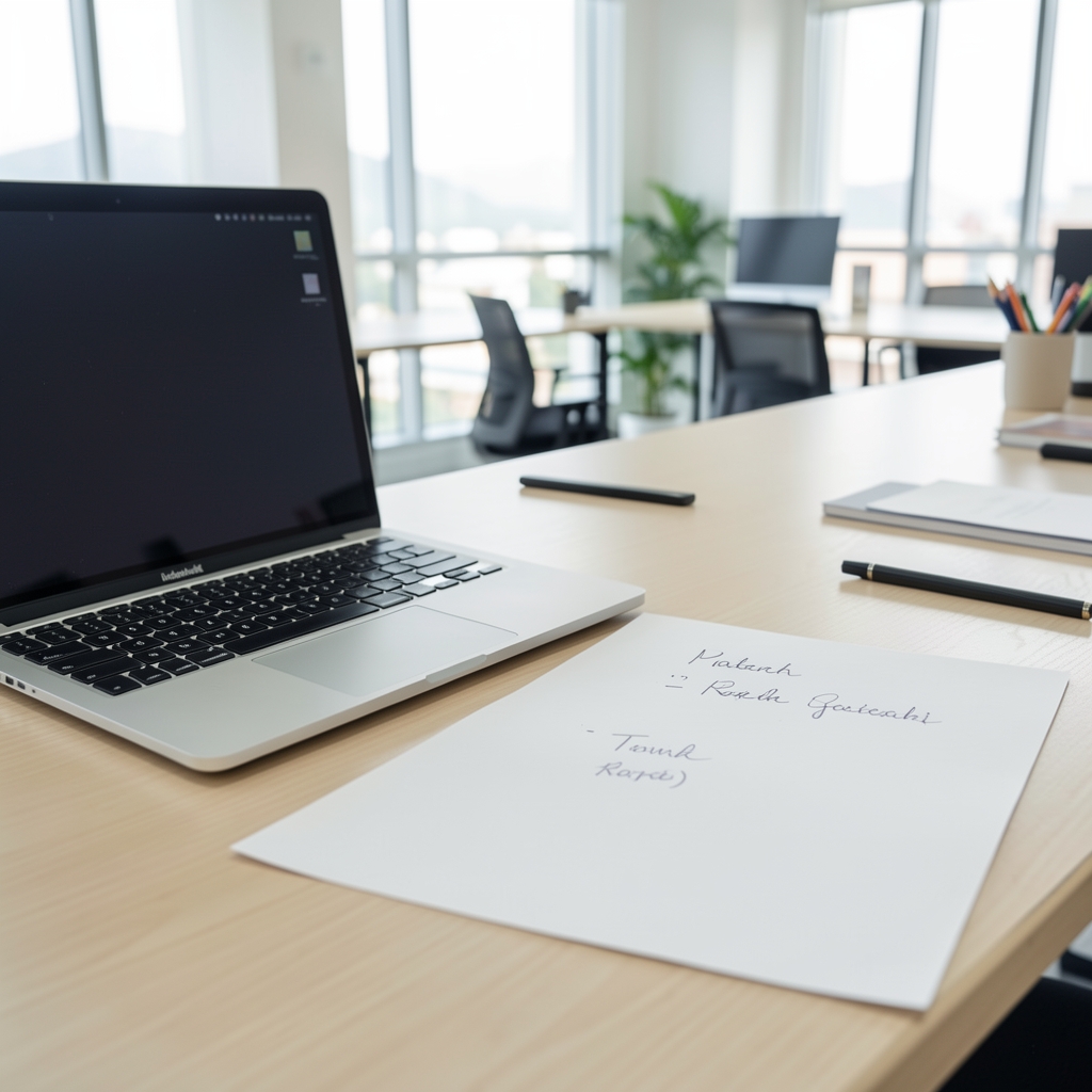 Handwritten editorial notes on white paper beside a laptop in a bright Jakarta workspace