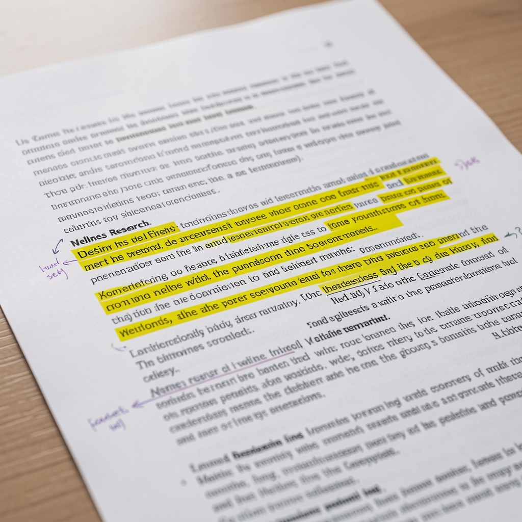 Close-up of a printed wellness research article with highlighted passages and margin annotations