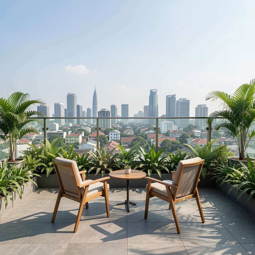 Outdoor rooftop meeting space with two chairs and greenery, Jakarta cityscape in background at midday