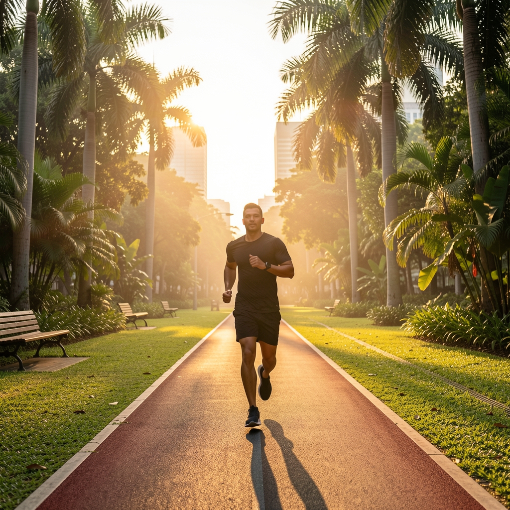 Active man at sunrise in an urban Jakarta park setting, running track surrounded by tropical greenery, early morning light casting long shadows on the path