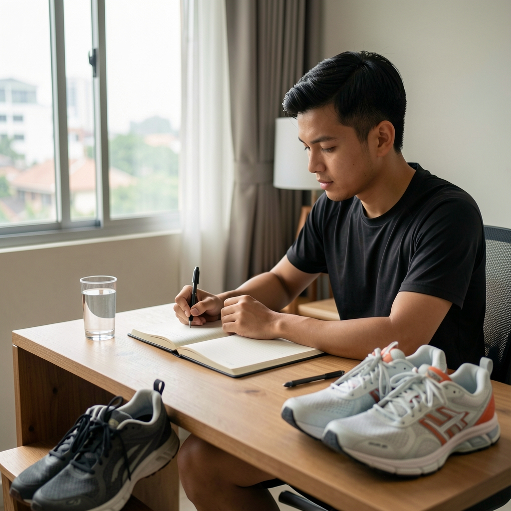 Man preparing a structured morning routine: journal open on a wooden desk, glass of water, and running shoes set out the night before in a calm Jakarta apartment