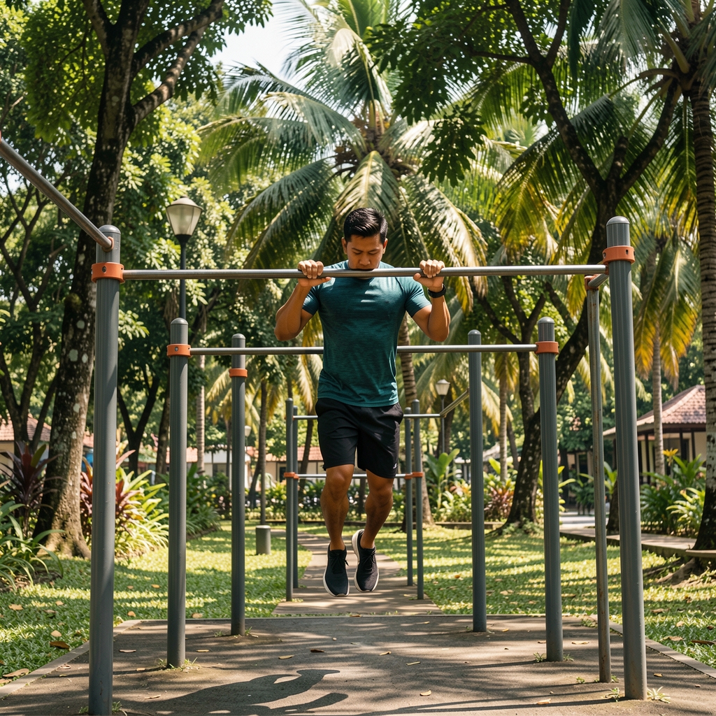 Outdoor strength training session in a shaded Jakarta park, man performing bodyweight pull-ups on metal bars with tropical trees in the background, midday light