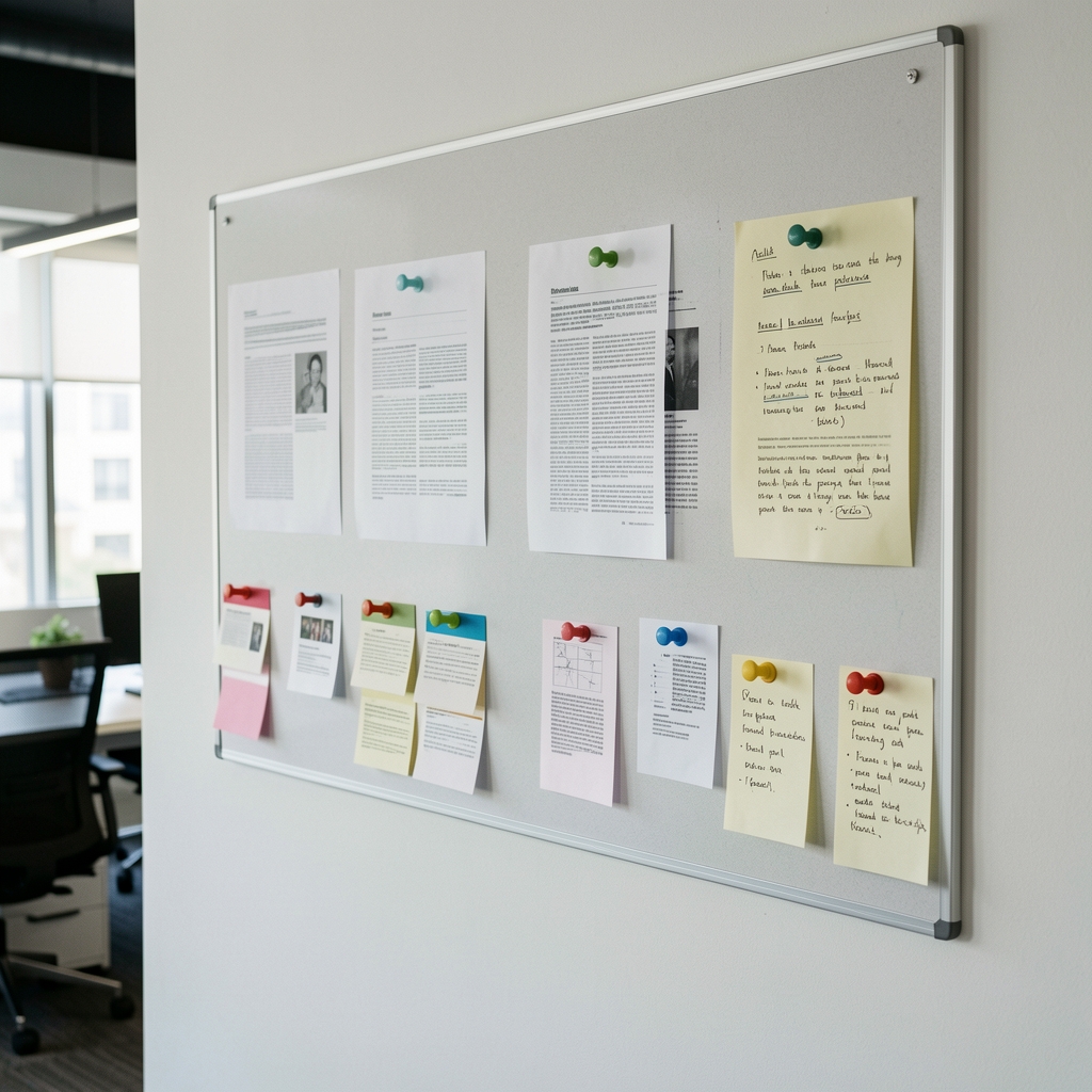 Editorial workflow board on a white wall in a Jakarta office showing printed article drafts, source cards, and annotation notes pinned in sequence