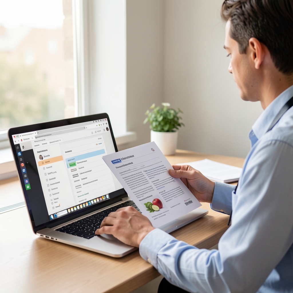 Researcher cross-referencing printed nutritional study pages with digital database entries on a laptop in a bright workspace with natural light