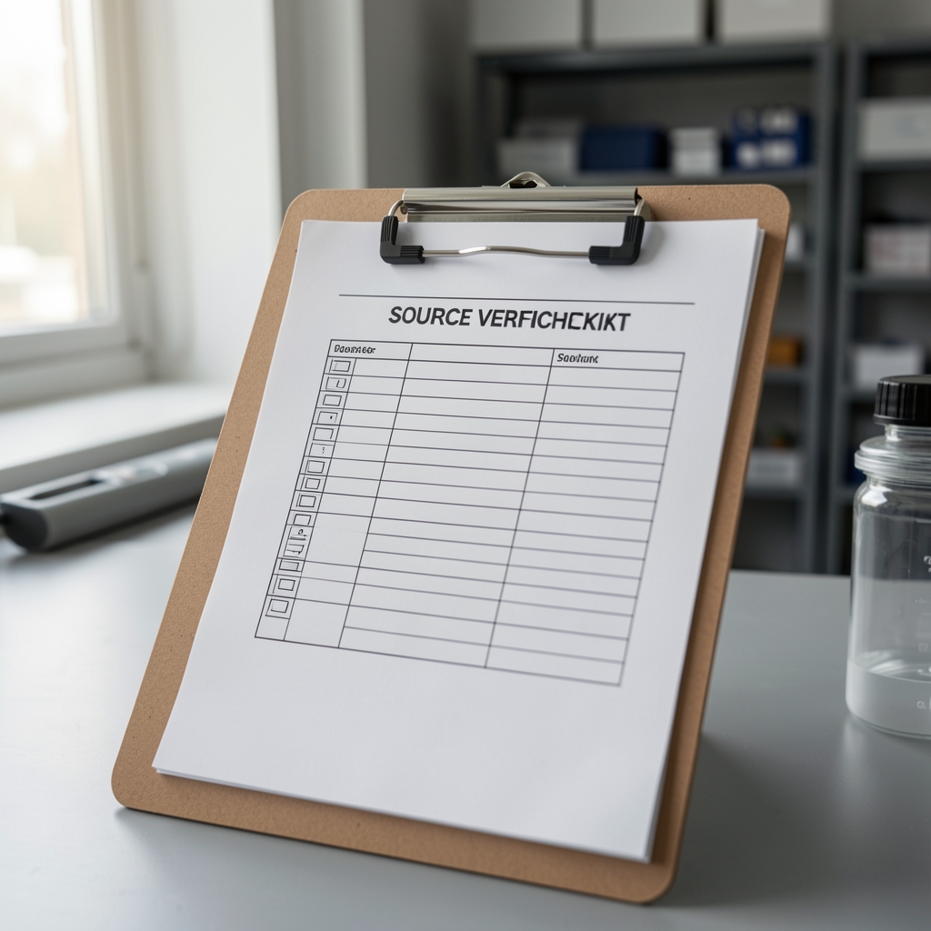 Close-up view of source verification checklist on a clipboard in a quality-control workspace with soft natural light from a window
