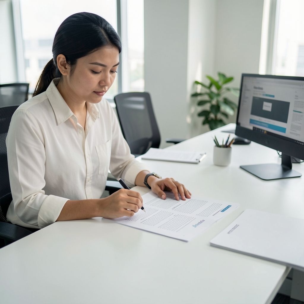 Editorial coordinator reviewing printed wellness article drafts on a clean white desk in a Jakarta office under controlled lighting