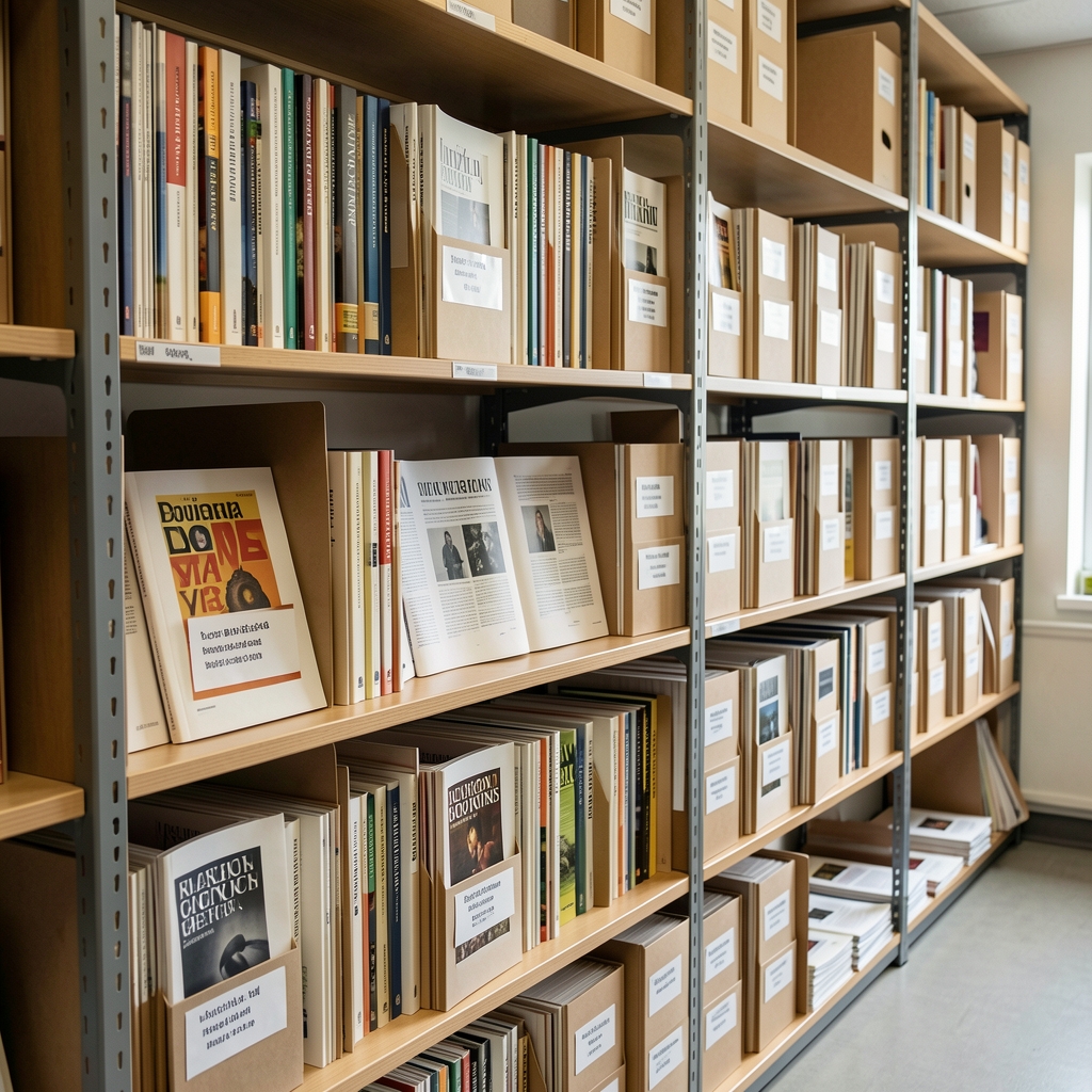 Archive shelf of printed journal editions and research folders with printed labels, in a tidy editorial storage room