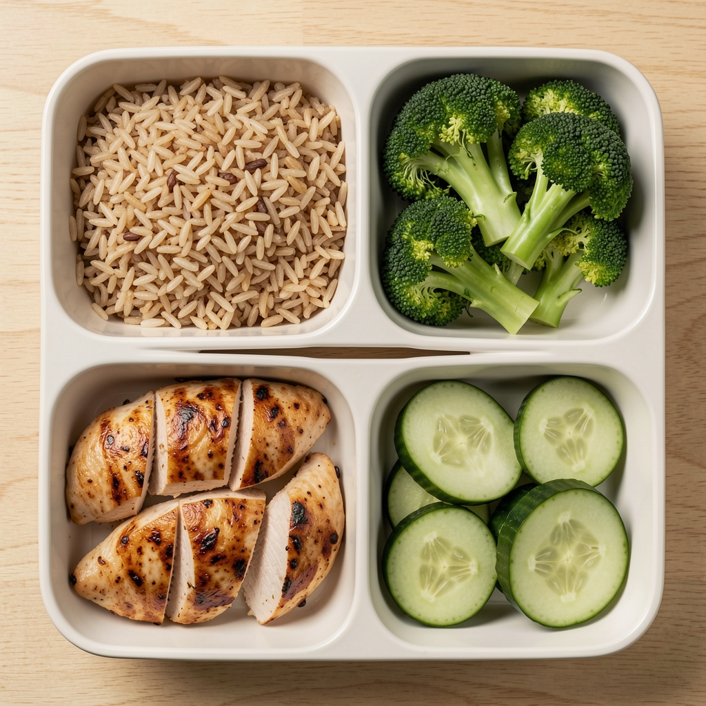 Overhead flat-lay of a balanced meal prep arrangement: brown rice, grilled chicken, steamed broccoli, and sliced cucumber arranged in separate compartments on a light wooden surface