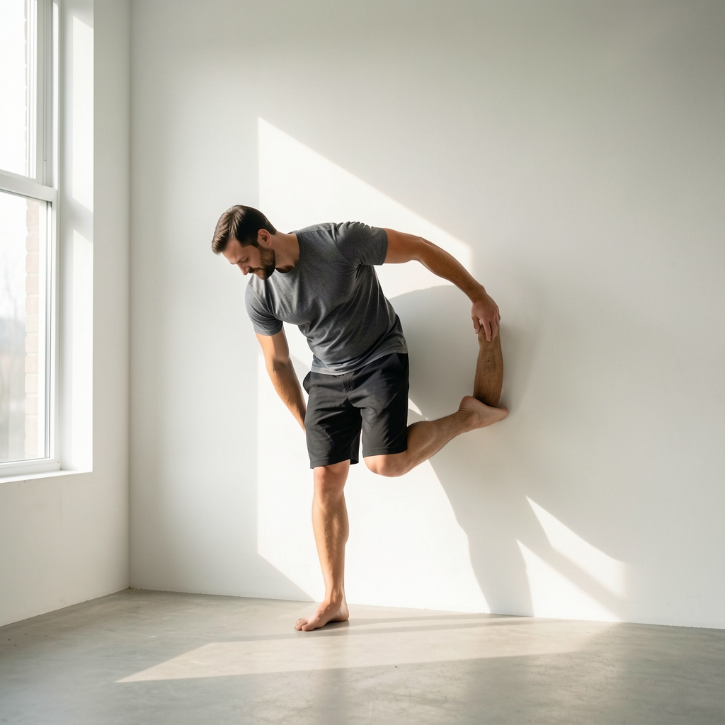 Man stretching in a quiet indoor space, standing calf stretch against a white wall with morning light streaming through a window, minimalist surroundings