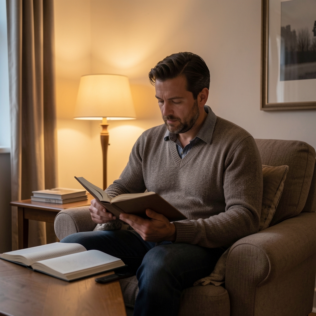 Man sitting in a quiet interior room in the evening, reading with low warm lamp light, notebook open beside him