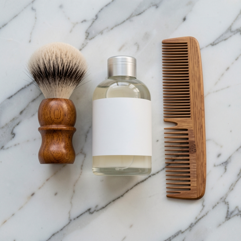 Grooming essentials flatlay on a marble surface including a shaving brush, face wash, moisturiser, and wooden comb