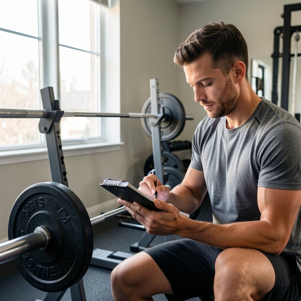 Man tracking fitness data in a notebook beside a barbell in a home gym with natural window light