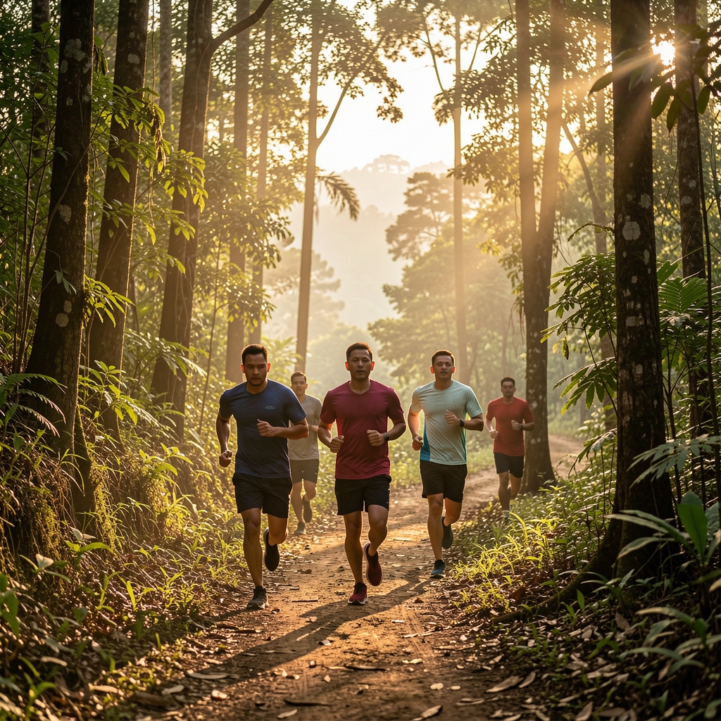 Group of men running on a shaded forest trail in the hills above Bogor, West Java, early morning golden-hour light filtering through trees